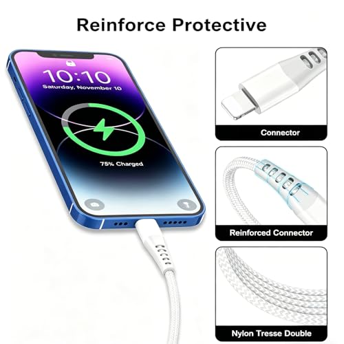 Phone Charger Cord 3FT 2Pack USB Lighting Cable Nylon Braided Phone Charger Fast Charging Cord Phone Cords Compatible with Phone 14 13 12 11 Pro Max XS Max XR 8 Pad, White
