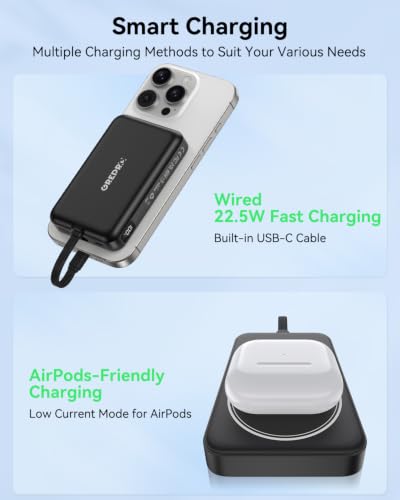 GREPRO Magnetic Power Bank, 10000mAh Built-in 22.5W USB-C Cable for iPhone | Compatible for MagSafe Portable Charger, LED Display, for iPhone 17/17 Air/17 Pro/17 Pro Max/16/15/14/13/12 Series, AirPods