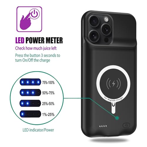 Battery Case for iPhone 15 Pro Max, 12000mAh Slim Portable Rechargeable Protective Battery Pack Cover Wireless Charging Case Compatible with iPhone 15 Pro Max (6.7 inch) Extended Charger Cover(Black) - size: iPhone 15 Pro Max