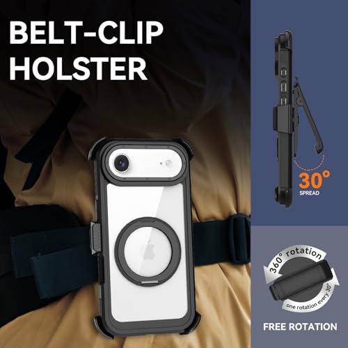 Magnetic for iPhone Air Case, Compatible with MagSafe, Full Body Rugged Case with Built-in Screen Protector & Kickstand & Belt-Clip (Black) - color: Black
