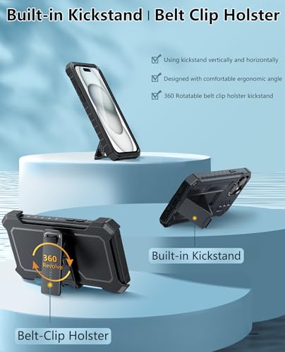 FNTCASE for iPhone 15 Plus Case with Belt Clip, Rugged Kickstand | Built-in Screen Protector, Military-Grade Drop Protection, Heavy Duty Shockproof Holster Protective Cover - color: T-Black