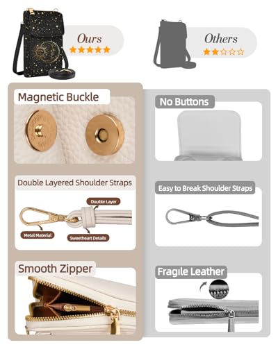 Miss Adola Phone Purse for Women Leather Crossbody Bag | Large Phone Pocket, Magnetic Snap, Zipper Pocket, 4 Card Slots, Adjustable Shoulder Strap, Leather Small Purse for Daily Use - color: Black Sun Moon