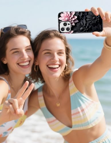 Jusy Magnetic Floral Phone Case for iPhone 14 Pro,Black Pink | Compatible with MagSafe, Cute Aesthetic Floral Design, TPU and PC Protective Shockproof Cover - color: Black Pink Lotus