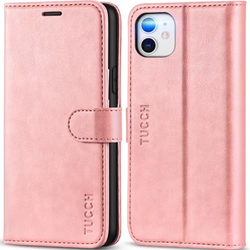 TUCCH Wallet Case for iPhone 11 (6.1") 2019, 3 Card Holders, Rose Gold | RFID Blocking, Viewing Stand, Shockproof TPU Shell, PU Leather, Magnetic Closure, Protective Folio Flip Cover - color: Rose Gold