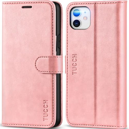 TUCCH Wallet Case for iPhone 11 (6.1") 2019, 3 Card Holders, Rose Gold | RFID Blocking, Viewing Stand, Shockproof TPU Shell, PU Leather, Magnetic Closure, Protective Folio Flip Cover - color: Rose Gold