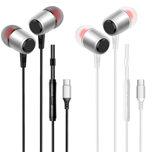 VPB 2 Packs USB C Wired Earbuds with Microphone, Type C in-Ear Earphones, Heavy Bass Clear Sound, for USB Type C iPhone 15 iPad Pro MacBook Samsung Google Pixel Android Devices (Black White)