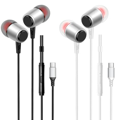 VPB 2 Packs USB C Wired Earbuds with Microphone, Type C in-Ear Earphones, Heavy Bass Clear Sound, for USB Type C iPhone 15 iPad Pro MacBook Samsung Google Pixel Android Devices (Black White)