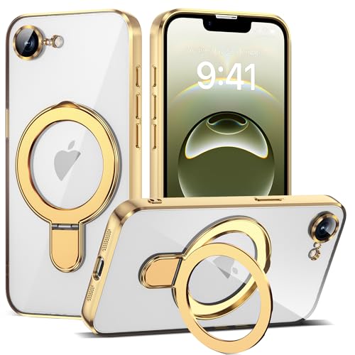 Compatible with iPhone 17E/16E Case with Invisible Magnetic Ring Stand [Compatible with Mag-Safe] [Full Camera Lens Protector] Plating Clear Phone Case for iPhone 17E/16E 6.1", Gold - color: Gold, size: Iphone 16E
