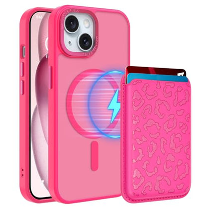 Magnetic Designed for iPhone 15 Case 6.1" 2023, Hot Pink | [Compatible with Magsafe] [with Wallet & Card Holder] [Cute Cheetah Print] Slim Translucent Matte Phone Case - color: Hot Pink+Cheetah, size: iPhone 15