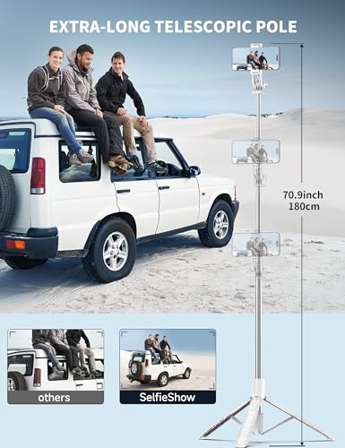 71" Cell Phone Selfie Stick Tripod, Smartphone Tripod Stand with Remote, Extendable Travel Phone Selfie Stick Compatible with iPhone 17/16/15/14/13 Pro Max Gopro Android DJI (White) - color: White, size: 70.86 Inches - Reinforced Stability