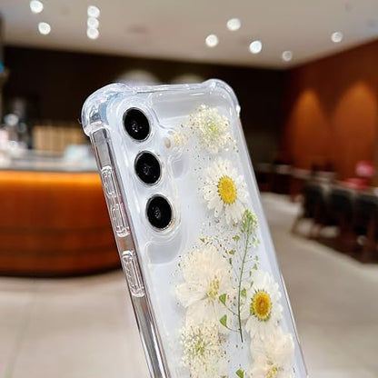 Compatible with Samsung Galaxy S23 Plus Case Cute Pressed Dried Real Flowers Design Women Girly Shockproof Glitter Floral Clear Phone Cover S23+ (White Flower) - color: White Flower, size: Samsung S23 Plus