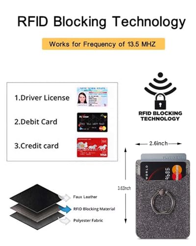 2Pcs RFID Phone Wallet Stick on Back of Phone Card Holder with Ring | 2 Black Glitter Sticky Phone Wallet for Credit Card/IDs/Pocket, Adhesive Phone Card Holder for iPhone, Videos - color: Black Glittering