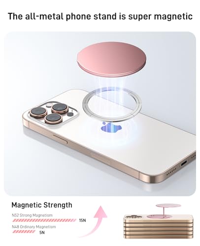 Two-Sided Magnetic Phone Ring Holder for MagSafe, Magnetic Cell Phone Grip Stand Finger Ring Kickstand Compatible with iPhone /17/16/15/14/13/12Pro Max MagSafe Accessories (Pink Metal)