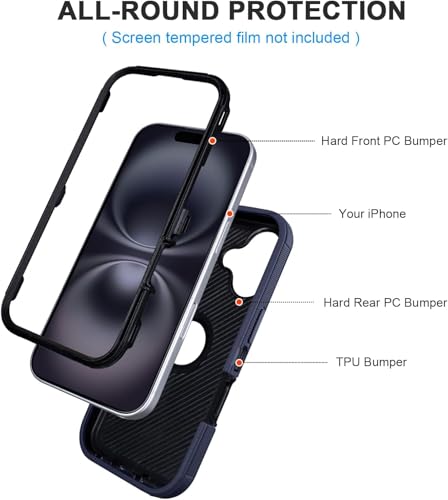 Shockproof for iPhone 16 Case Protective, Heavy Duty Rugged Full-Body, Blue | for Defender Phone Case iPhone 16,3 Layers of Sturdy,Anti-Drop,for Heavy Duty Phone Case - color: Blue