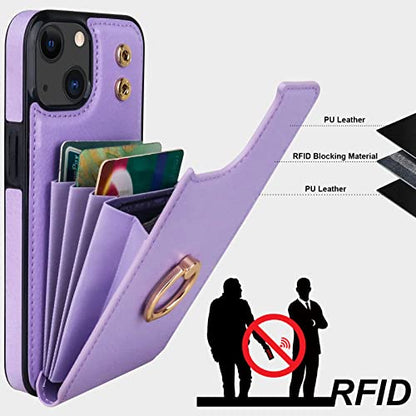 Folosu Compatible with iPhone 14 Case Wallet with Card Holder, 360°Rotation Finger Ring Holder Kickstand, RFID Blocking Leather Protective Double Buttons Shockproof Cover 6.1 Inch Purple - color: Purple, size: iPhone 14