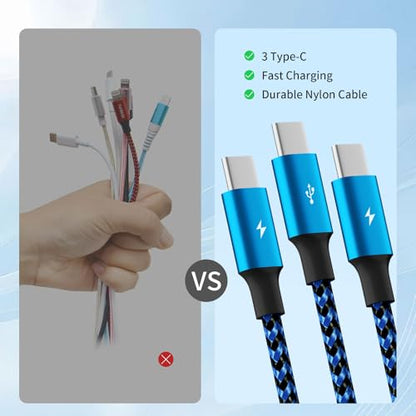 USB C Splitter Cable, 3 in 1 Multi Charging Cable, 2Pack 5FT - color: USB C-Blue_Black2-2Pack