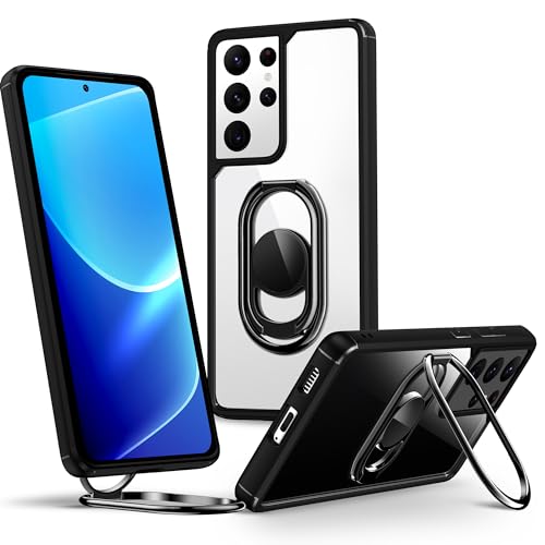 Shields Up for Samsung Galaxy S21 Ultra Case with Stand, Galaxy S21 Ultra Case Clear with Double Ring Holder [Adjustable & Foldable] Shockproof Protective Cover for Samsung S21 Ultra - Clear Black - color: Black, size: Galaxy S21 Ultra