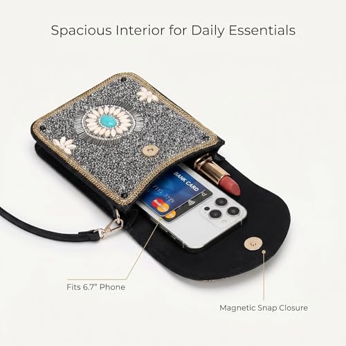 Small Crossbody Bags for Women, Cell Phone Shoulder Bag Boho Wallet Purse - color: Silver Gypsy