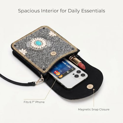 Small Crossbody Bags for Women, Cell Phone Shoulder Bag Boho Wallet Purse - color: Silver Gypsy