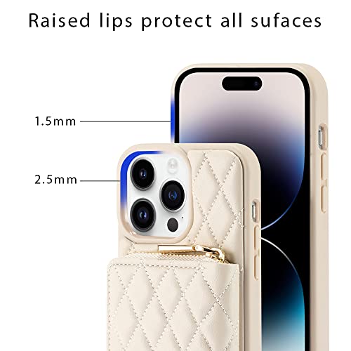 LAMEEKU Wallet Case Compatible with iPhone 13 Pro Max, Crossbody Quilted Leather Card Holder with Chain Strap Protective Bumper Cover for iPhone 13 Pro Max, 6.7 Inch-Beige - color: Beige-01, size: iPhone 13 Pro Max-6.7"