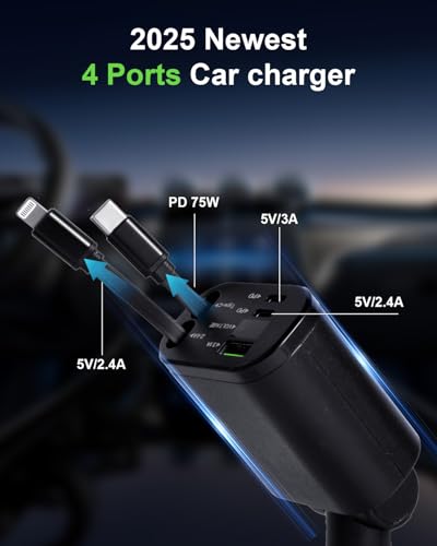 5-in-1 Fast Car Charger with USB-A and USB-C Ports, 75W High-Speed Charging, Retractable USB-C and Lightning Cables, Compatible with iPhone 16/15/14, Samsung Galaxy