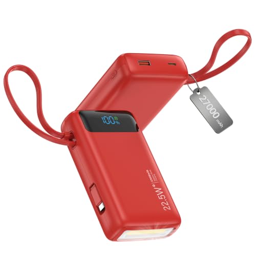 Nusyddy Portable Charger 27000mAh 22.5W w/Built-in Cable & LED Display Red - color: Red
