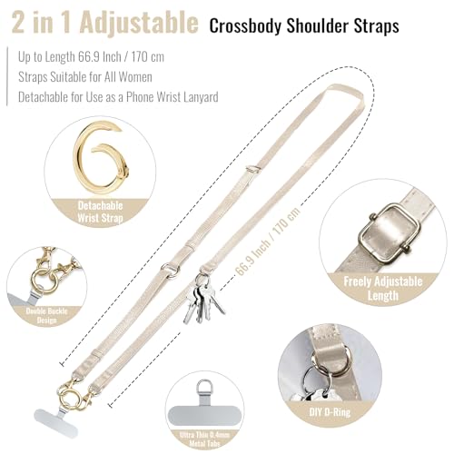 Clip and Go Phone Strap Crossbody Wrist 2 in 1 Leather Lanyard with Tether Hanging Loops Adjustable Anti-Theft Purse Replacement Handbag Long Thin Shoulder Neck Straps for All Phones Keys Bags Beige - color: Beige
