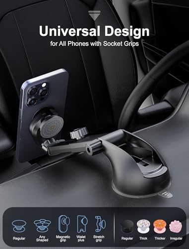 [2024 Upgraded Socket Car Phone Mount, [Extra Sticky, Non-Shaking] Multi-Functional Suction Cup Dashboard & Windshield Car Phone Holder for iPhone and All Smartphones with Socket Grip - style: Dashboard