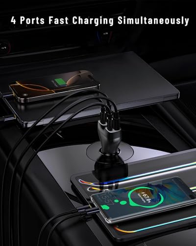 Car Phone Charger 111W USB-C, 4-Port Independent Output PD3.1 30W/QC22.5W Super Fast Car Charger, Dual USB-C & Dual USB-A Cigarette Lighter Fast Charger for iPhone/Samsung Ultra/iPad/MacBook Air