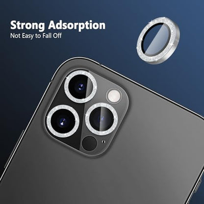 TENOC Camera Lens Protector for iPhone 12 Pro Max, Silver Glitter Individual Metal Ring with 9H Tempered Glass, Bling Sparkle Case Friendly Cover