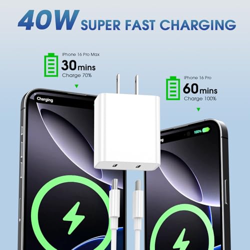 iPhone 17 Pro Max Charger Fast Charging, 40W Dual USB C Fast Charger - color: White, Dual USB-C ports, size: 10ft