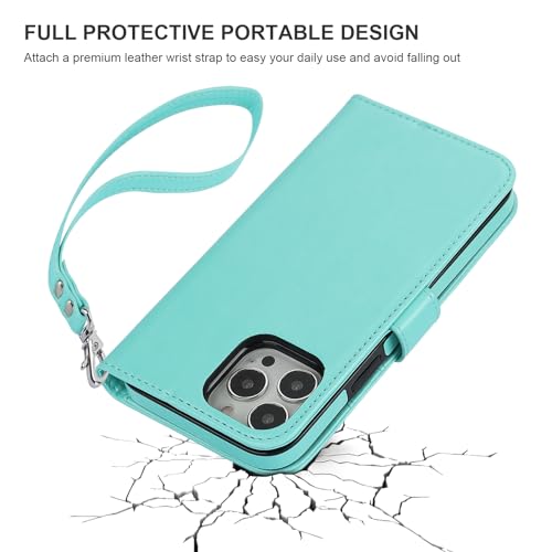 Bocasal Detachable Wallet Case Card Holder for iPhone 13 Pro Max Light Blue | RFID Blocking Kickstand Card Slots Holder PU Leather Magnetic Shockproof Wrist Strap Removable Flip Protective Cover 6.7 inch - color: Light Blue