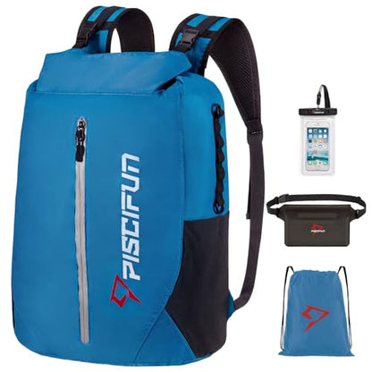 Piscifun Waterproof Floating Dry Backpack 10L/20L/30L | Lightweight and Durable, With Waist Pouch and Phone Case, Ideal for Kayaking, Camping, Beach, Boating, Swimming - color: Light Blue, size: 30L