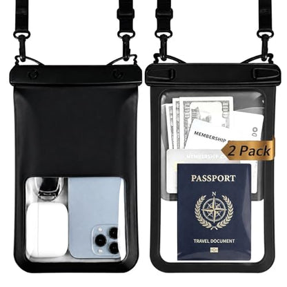 10 In Large IPX8 Black Waterproof Phone Pouch 2 Pack - Dual-Layer with Card Slot & Responsive Touch Screen for Underwater Photos Beach Cruise Travel Essentials for iPhone 17 16/for Galaxy S26 - color: Black+Black