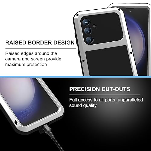 LOVE MEI Military Rugged Case for Samsung Galaxy S23 Fe, with Tempered Glass Screen Protector, Shockproof Dustproof Scratch Proof Hybrid Metal and Silicone Gel Heavy Duty Full Body Cover Silver - color: Silver