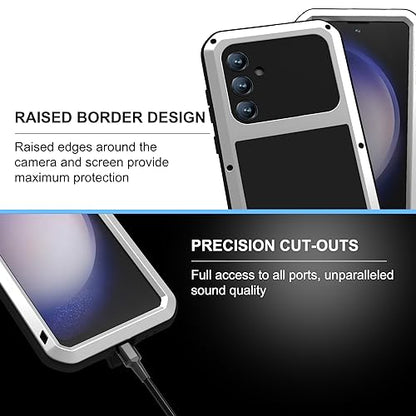 LOVE MEI Military Rugged Case for Samsung Galaxy S23 Fe, with Tempered Glass Screen Protector, Shockproof Dustproof Scratch Proof Hybrid Metal and Silicone Gel Heavy Duty Full Body Cover Silver - color: Silver