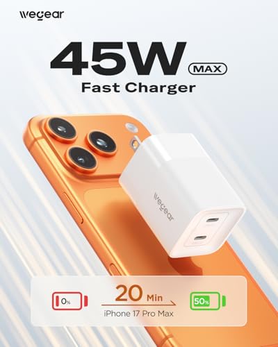 wegear 45W USB C Charger, 2 Port GaN Fast Charging with PPS, Foldable Wall Charger Block for iPhone 18/17/16, iPad, Galaxy S25/S24, Pixel 10/9 (White) - color: White