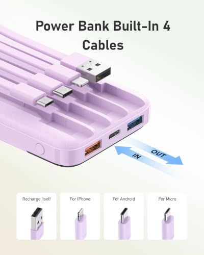 charmast Portable Charger Built-in Cables, 10000mAh Slim Power Bank Pocket - color: Purple