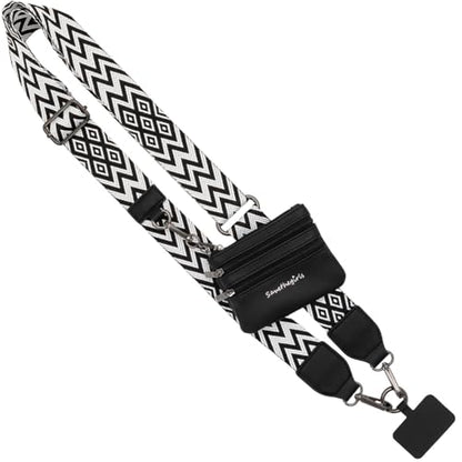 Save the Girls Clip & Go Phone Lanyard with Wallet Pouch, Chevron - color: Chevron Black/White Strap
