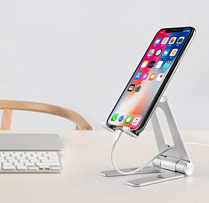 Cell Phone Tablet Fully Foldable Stand Dock Holder Cradle Mount Organizer Charger Station Table Desk Bed Office School Kitchen Travel Portable Adjustable Multi-Angle Aluminum (Silver) - color: Silver