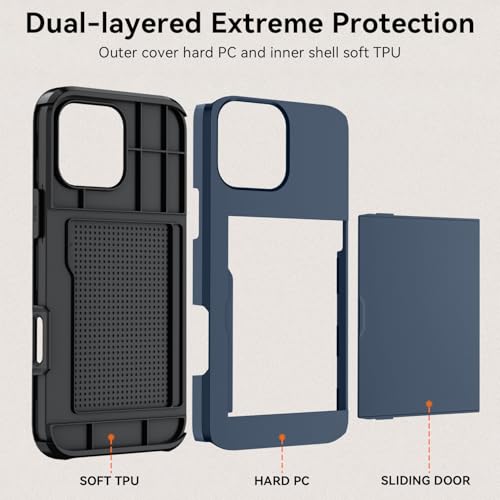 Qinmay Compatible with iPhone 16 Pro Case with Card Holder, Dual Layer Shockproof,Heavy Duty Protective Hidden Slot Slim Wallet Phone Cover，Blue - color: Blue, size: for iPhone 16 Pro