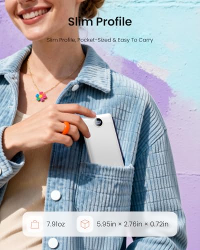 Portable Charger with Wall Plug, Slim USB C Power Bank with Built-in Cables, 10000mah LED Display External Battery Pack Compatible with iPhone/Android & More(White) - color: White