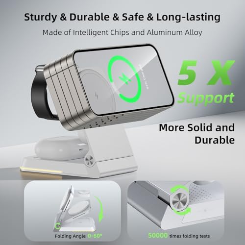 Foldable Wireless Charger 3 in 1 - Magnetic Wireless Charging Station for Apple Magsafe Charger Stand with Light,Aluminum Portable Travel Charger Dock for iPhone 17/16/15/14/13/12,Apple Watch,AirPods - color: Silver