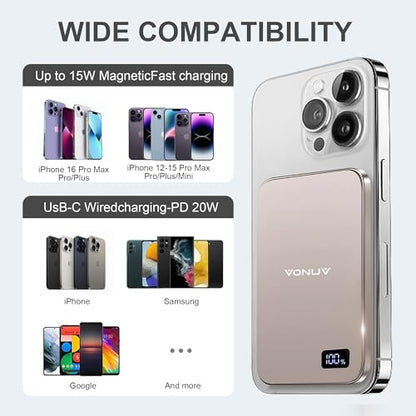 Magnetic Portable Charger 5000mAh, 15W Ultra Slim Wireless Portable Charger, Fast Charging for iPhone 16/15/14/13/12 Pro/Pro Max/Plus, Metal Shell, USB-C Cable to Charge Other Phones (Gold) - color: Gold