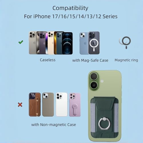 Magnetic Card Wallet Holder For Magsafe Wallets with Grip, 7 Cards Holder RFID Blocking, Ring Stand Stick on Wallet, Leather Magnetic Phone Wallet with Privacy Flap - color: green elastic circular support