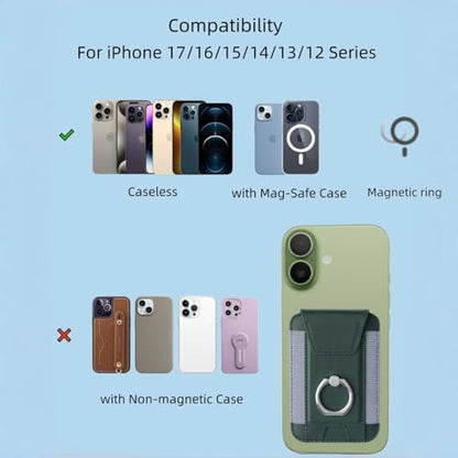 Magnetic Card Wallet Holder For Magsafe Wallets with Grip, 7 Cards Holder RFID Blocking, Ring Stand Stick on Wallet, Leather Magnetic Phone Wallet with Privacy Flap - color: green elastic circular support