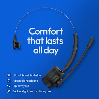 PHILIPS Wireless Headset with Mic for Work, Mono Bluetooth Trucker Headset with AI Noise Cancelling Microphone & Mute Button, All Day Extended Talk Time, Headphones for Office Call Center Computer PC