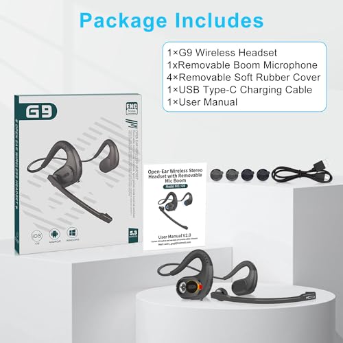 iDIGMALL Bluetooth Headset, Open Ear Headphones with Detachable Microphone