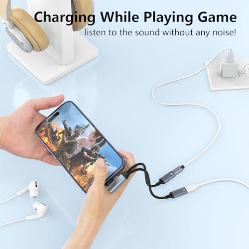 Right Angle 2-in-1 iPhone to Dual Lightning Jack Audio Headphone and Charger Cable Adapter,【Apple MFi Certified】Calling+Music+Charge 90 Degree Earphones Converter Splitter for Apple iPhone 14 13 12 11