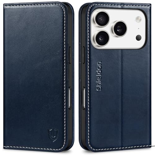 SHIELDON Real Leather Case Wallet for iPhone 17 Pro 6.3", Retro Dark Blue | Folio Design, Magnetic Closure, RFID Blocking, Credit Card Holder, Kickstand, Shock Absorbing Protective Cover - color: Retro Dark Blue